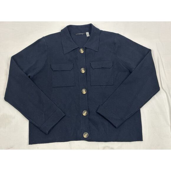 Tahari Collared Button Up Cardigan Women’s L Navy Blue Knit Casual Minimalist - Picture 1 of 7